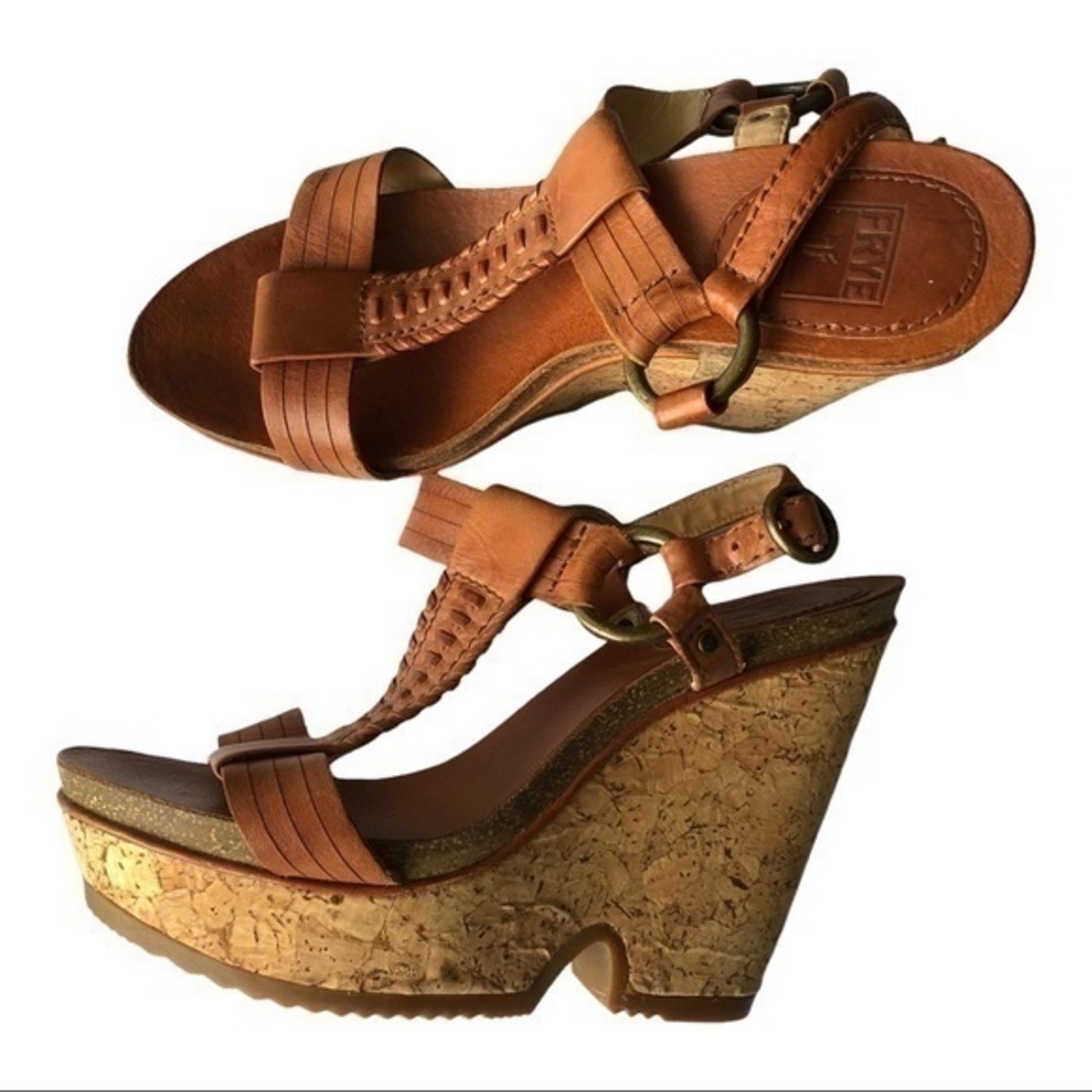 Frye Brown Leather Braylin Artisanal T Strap Cork Wedge Sandals Size 7M - Picture 5 of 9